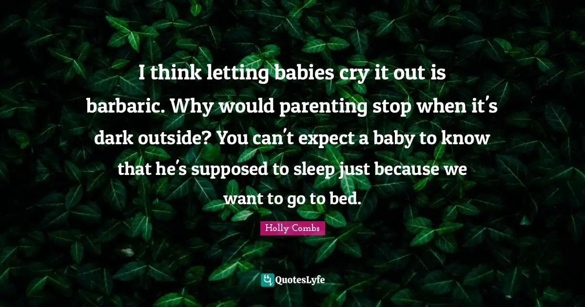 I think letting babies cry it out is barbaric. Why would parenting stop when it's dark outside? You can't expect a baby to know that he's supposed to sleep just because we want to go to bed.