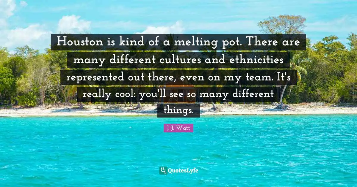 J. J. Watt Quotes: "Houston is kind of a melting pot. There are many different cultures and ethnicities represented out there, even on my team. It's really cool: you'll see so many different things."