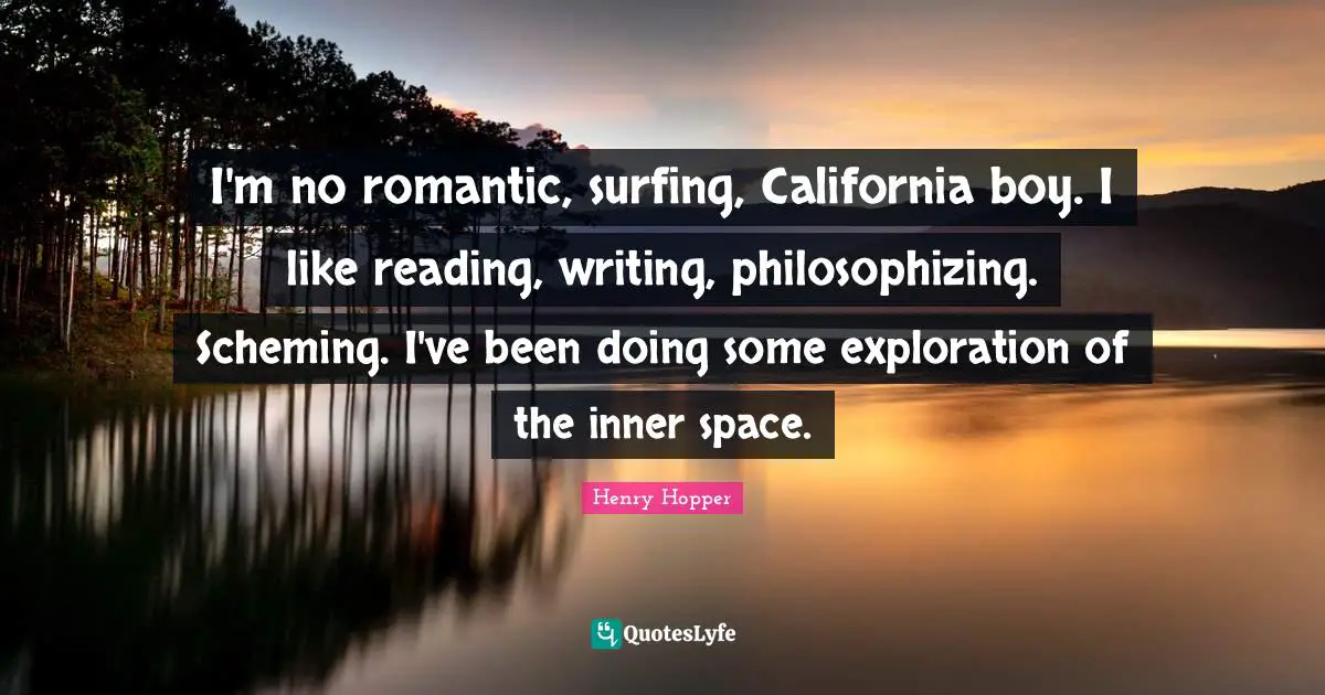 I'm no romantic, surfing, California boy. I like reading, writing, philosophizing. Scheming. I've been doing some exploration of the inner space.