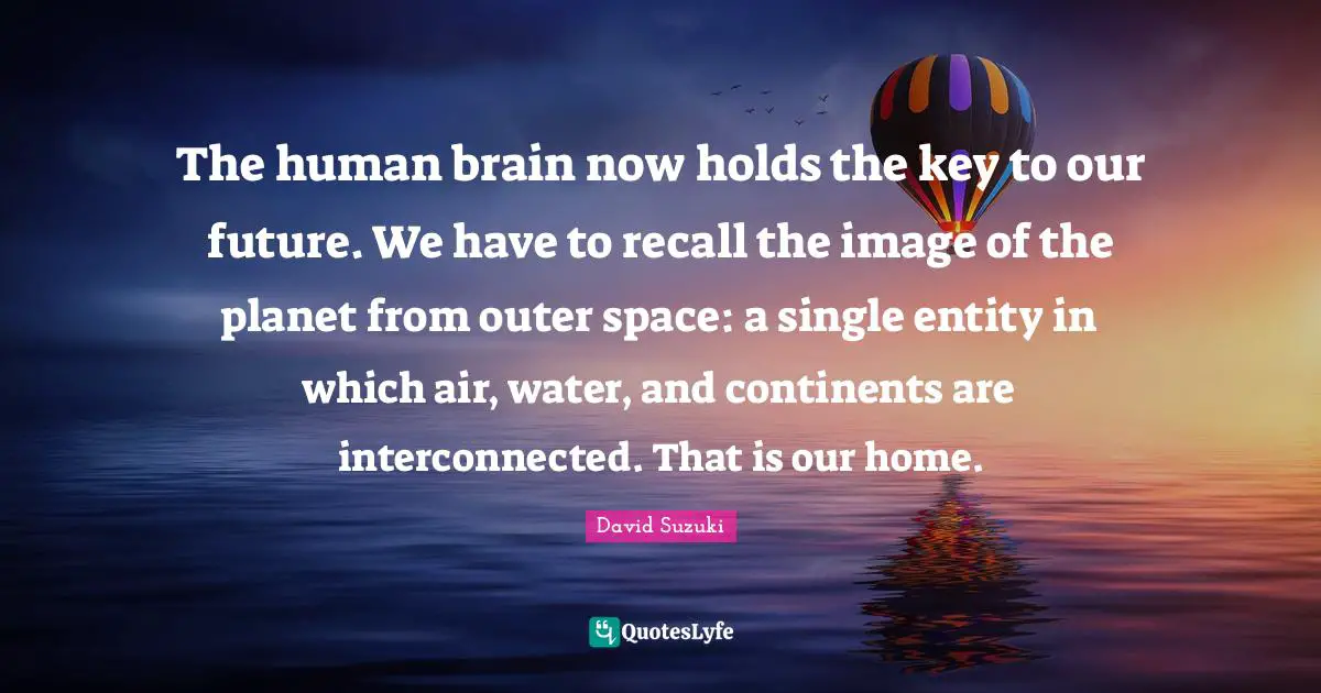 David Suzuki Quotes: "The human brain now holds the key to our future. We have to recall the image of the planet from outer space: a single entity in which air, water, and continents are interconnected. That is our home."