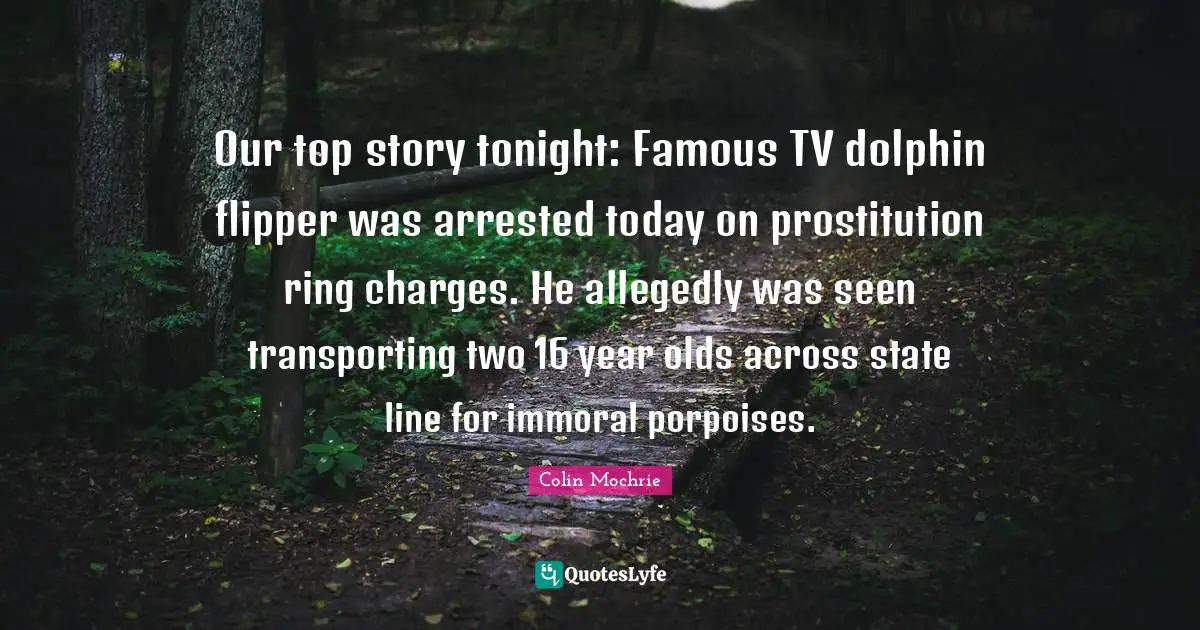 Our top story tonight: Famous TV dolphin flipper was arrested today on prostitution ring charges. He allegedly was seen transporting two 16 year olds across state line for immoral porpoises.
