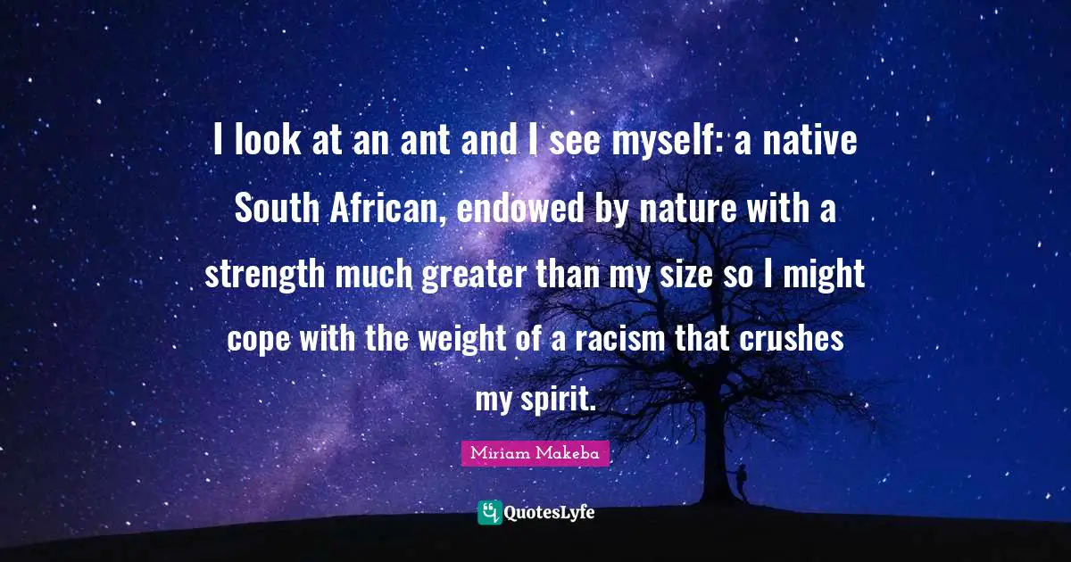 Racism Quotes: "I look at an ant and I see myself: a native South African, endowed by nature with a strength much greater than my size so I might cope with the weight of a racism that crushes my spirit."