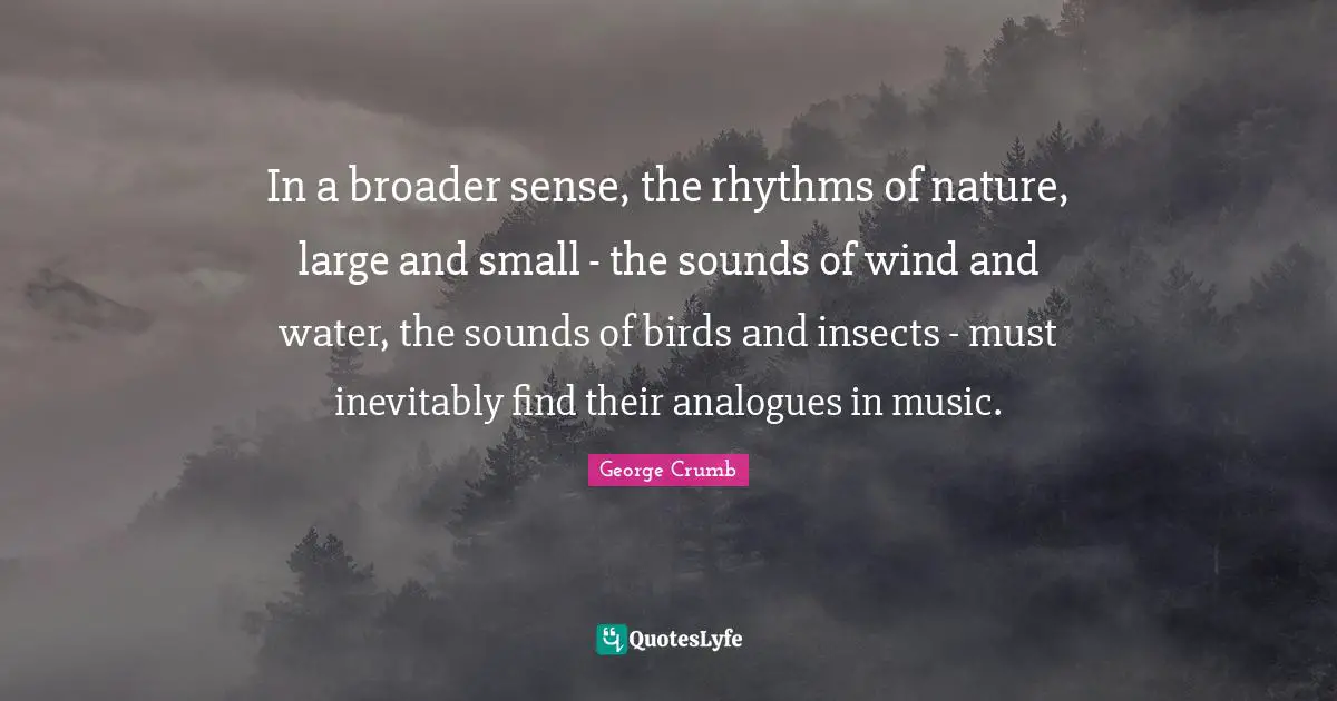 In a broader sense, the rhythms of nature, large and small - the sounds of wind and water, the sounds of birds and insects - must inevitably find their analogues in music.