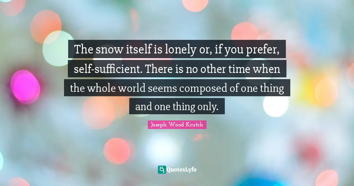 The snow itself is lonely or, if you prefer, self-sufficient. There is no other time when the whole world seems composed of one thing and one thing only.