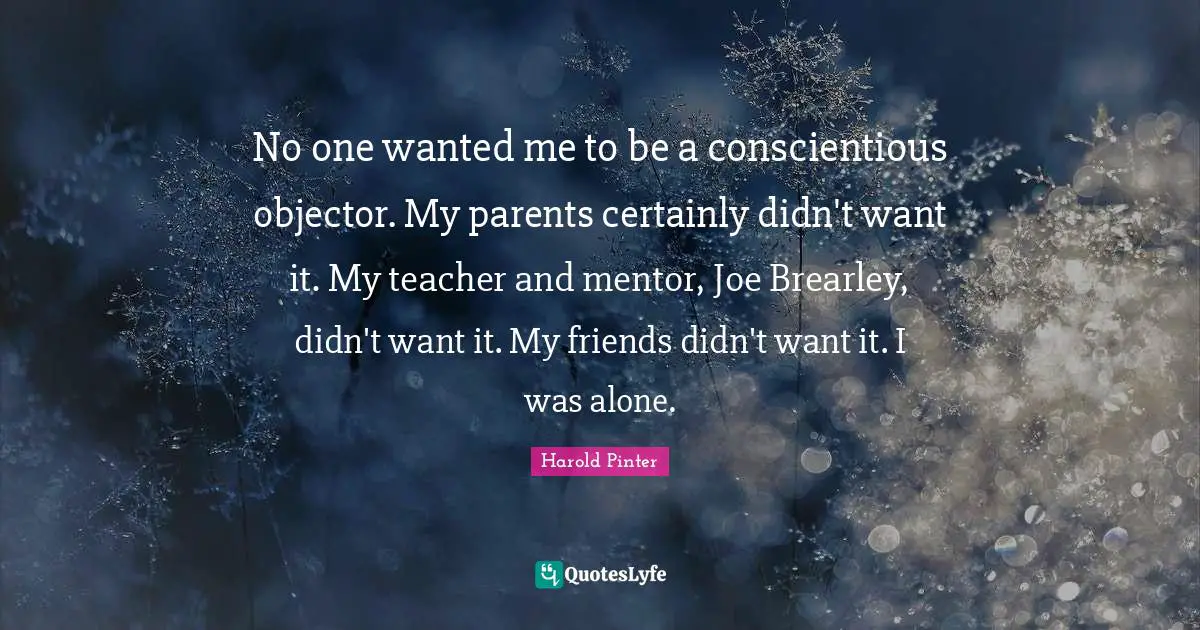 No one wanted me to be a conscientious objector. My parents certainly didn't want it. My teacher and mentor, Joe Brearley, didn't want it. My friends didn't want it. I was alone.