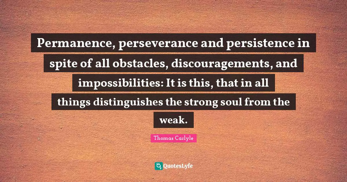 Permanence, perseverance and persistence in spite of all obstacles, discouragements, and impossibilities: It is this, that in all things distinguishes the strong soul from the weak.