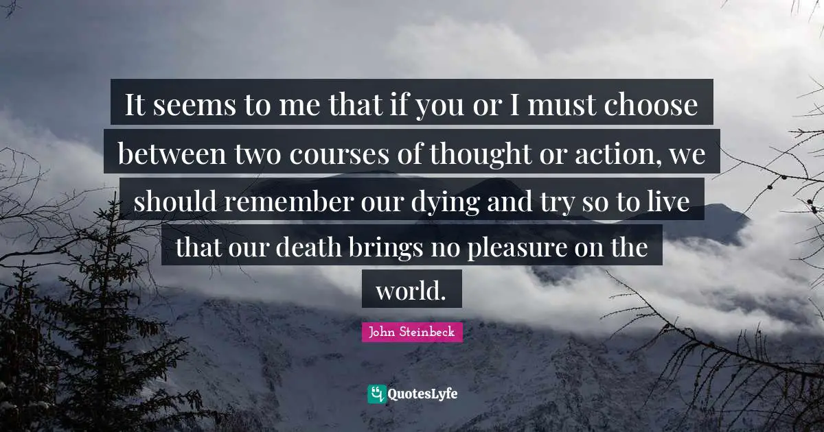 It seems to me that if you or I must choose between two courses of thought or action, we should remember our dying and try so to live that our death brings no pleasure on the world.