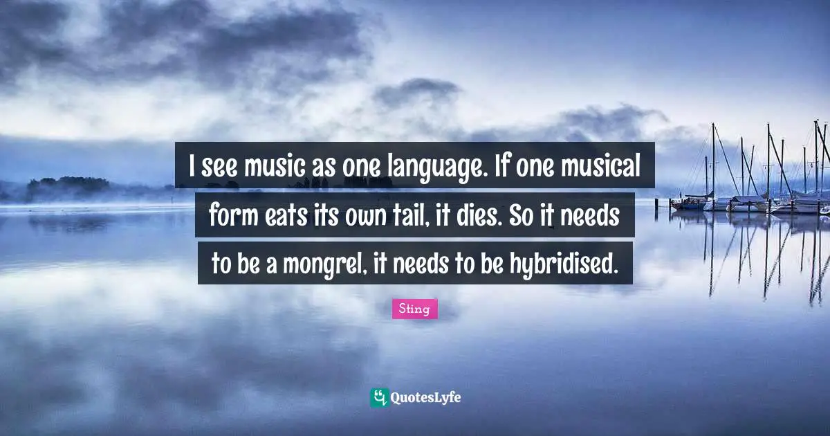 I see music as one language. If one musical form eats its own tail, it dies. So it needs to be a mongrel, it needs to be hybridised.