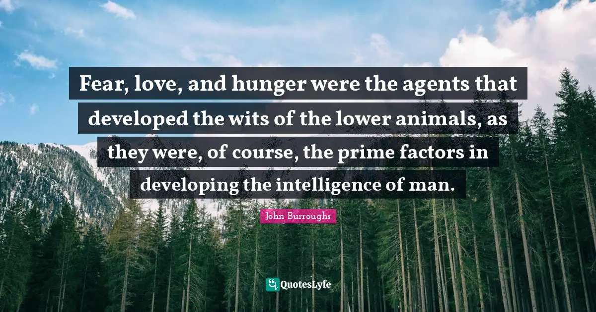 John Burroughs Quotes: Fear, love, and hunger were the agents that developed the wits of the lower animals, as they were, of course, the prime factors in developing the intelligence of man.