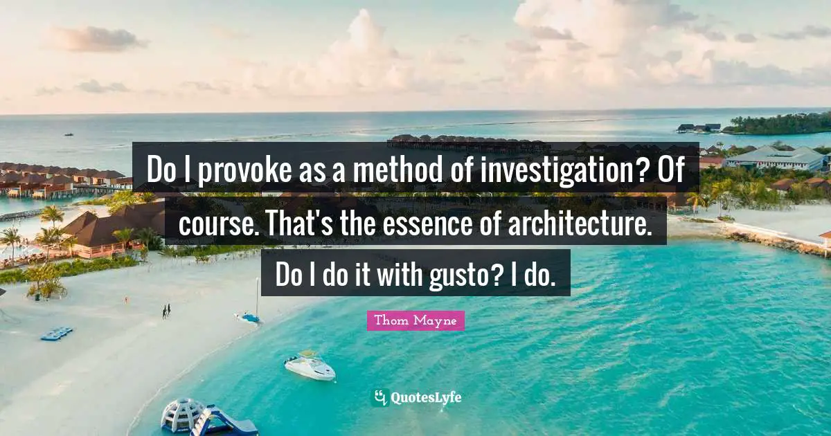 Do I provoke as a method of investigation? Of course. That's the essence of architecture. Do I do it with gusto? I do.