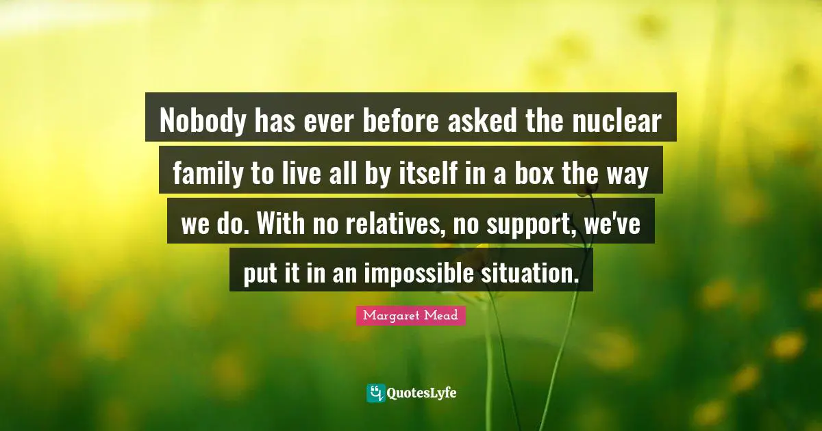 Margaret Mead Quotes: "Nobody has ever before asked the nuclear family to live all by itself in a box the way we do. With no relatives, no support, we've put it in an impossible situation."