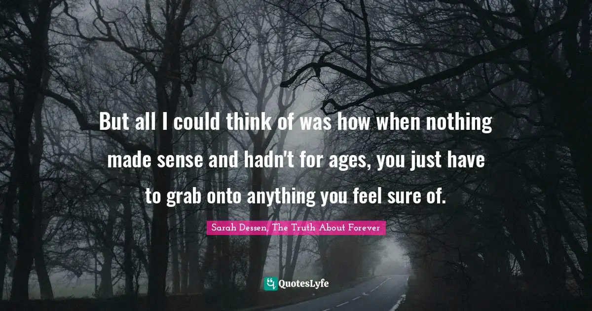 But all I could think of was how when nothing made sense and hadn't for ages, you just have to grab onto anything you feel sure of.