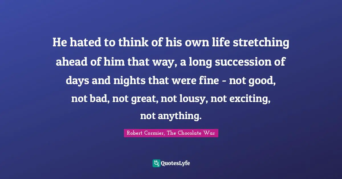 Robert Cormier, The Chocolate War Quotes: He hated to think of his own life stretching ahead of him that way, a long succession of days and nights that were fine - not good, not bad, not great, not lousy, not exciting, not anything.