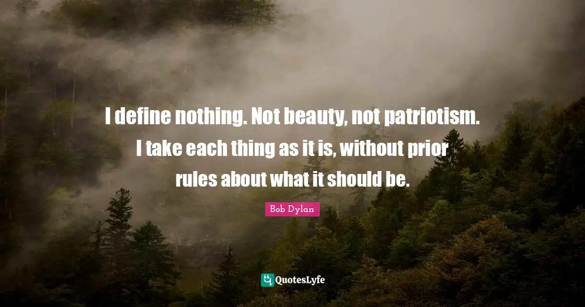 Bob Dylan Quotes: I define nothing. Not beauty, not patriotism. I take each thing as it is, without prior rules about what it should be.
