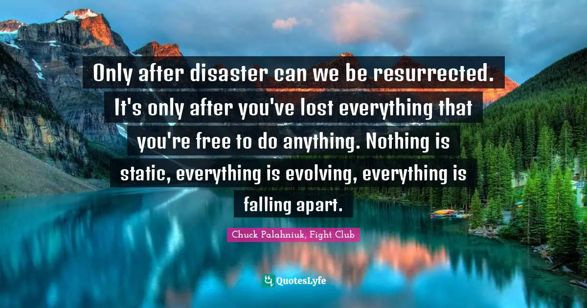 Chuck Palahniuk, Fight Club Quotes: Only after disaster can we be resurrected. It's only after you've lost everything that you're free to do anything. Nothing is static, everything is evolving, everything is falling apart.
