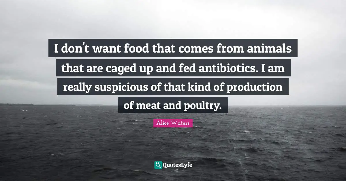 Alice Waters Quotes: "I don't want food that comes from animals that are caged up and fed antibiotics. I am really suspicious of that kind of production of meat and poultry."