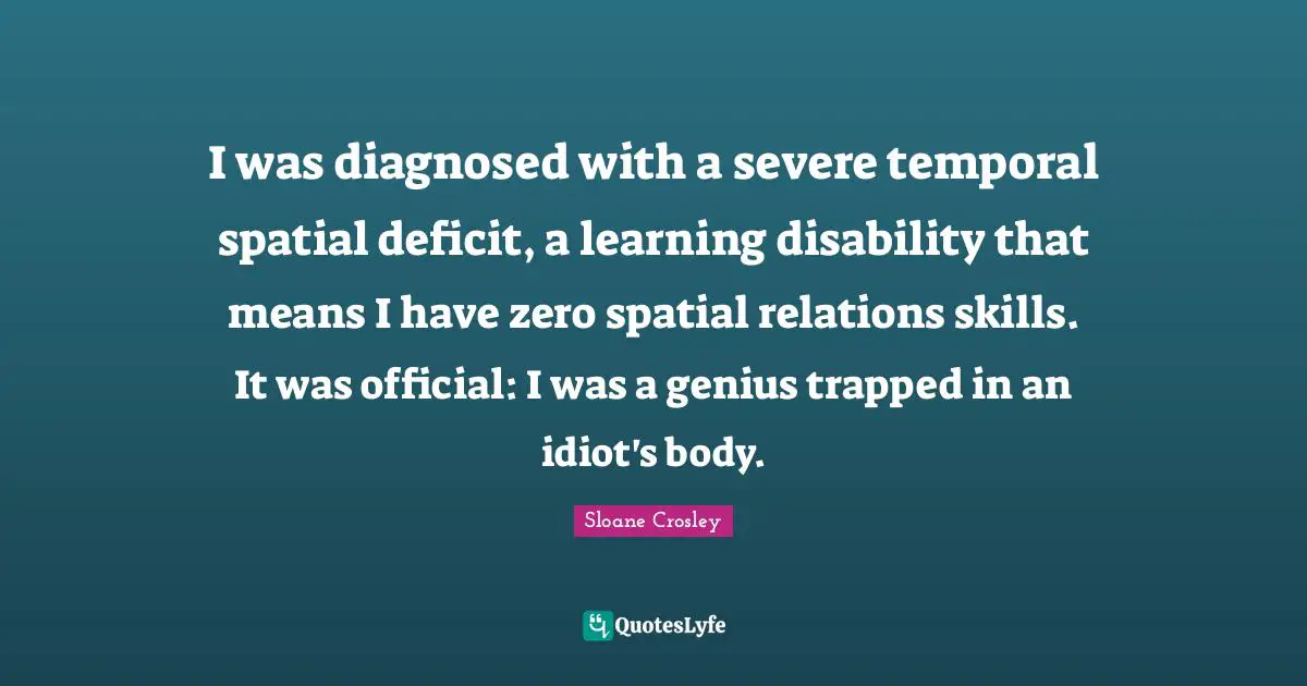 I was diagnosed with a severe temporal spatial deficit, a learning disability that means I have zero spatial relations skills. It was official: I was a genius trapped in an idiot's body.