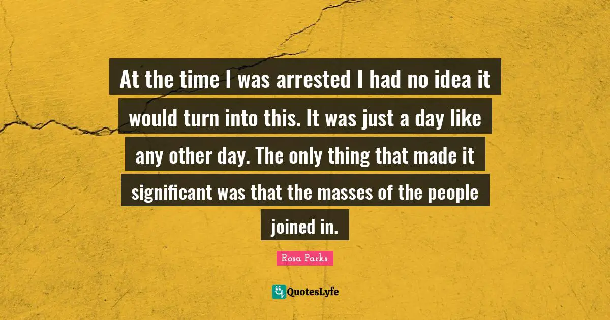 Rosa Parks Quotes: "At the time I was arrested I had no idea it would turn into this. It was just a day like any other day. The only thing that made it significant was that the masses of the people joined in."