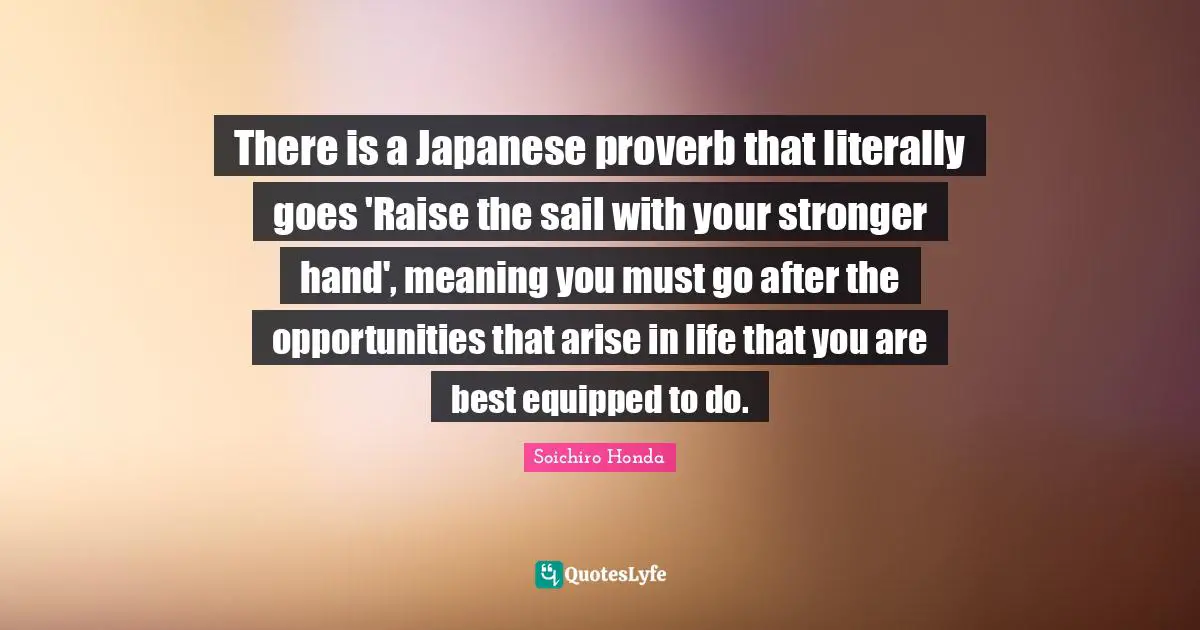 There is a Japanese proverb that literally goes 'Raise the sail with your stronger hand', meaning you must go after the opportunities that arise in life that you are best equipped to do.