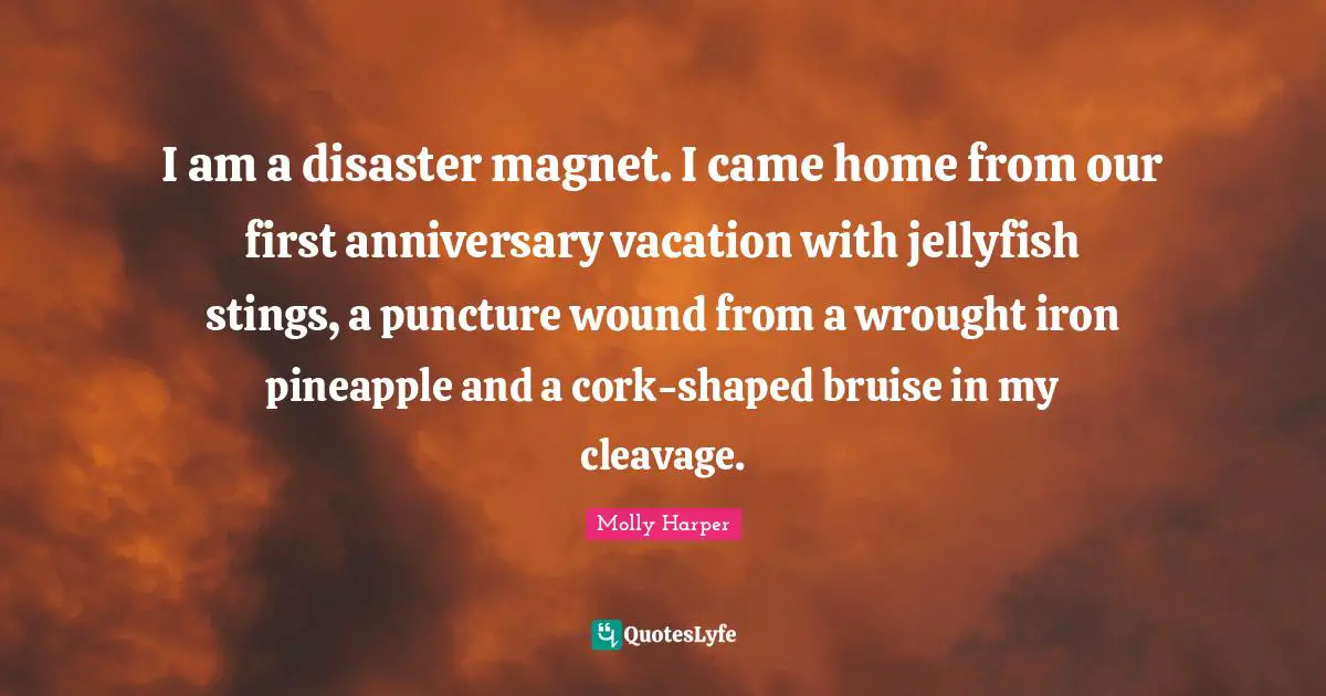 I am a disaster magnet. I came home from our first anniversary vacation with jellyfish stings, a puncture wound from a wrought iron pineapple and a cork-shaped bruise in my cleavage.