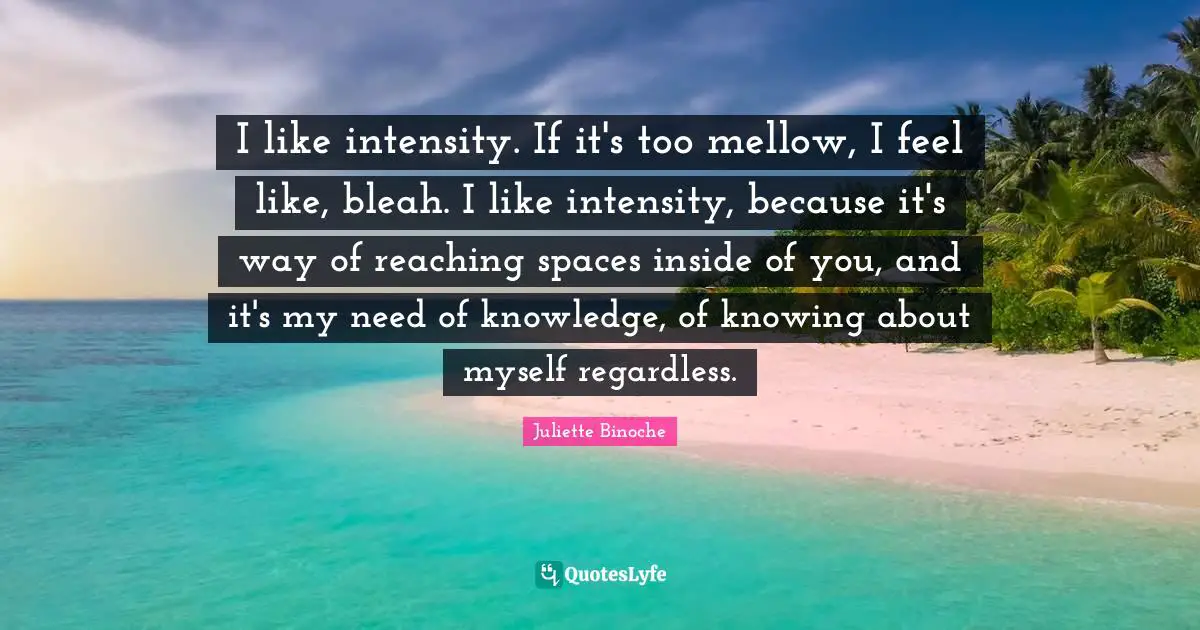 I like intensity. If it's too mellow, I feel like, bleah. I like intensity, because it's way of reaching spaces inside of you, and it's my need of knowledge, of knowing about myself regardless.