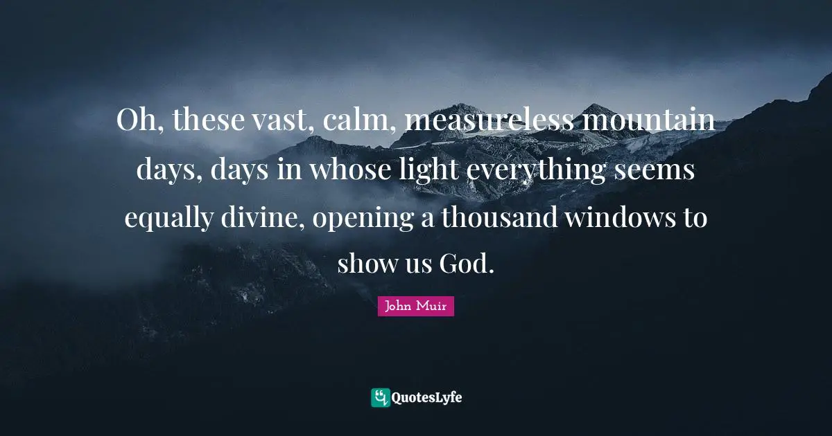 Oh, these vast, calm, measureless mountain days, days in whose light everything seems equally divine, opening a thousand windows to show us God.