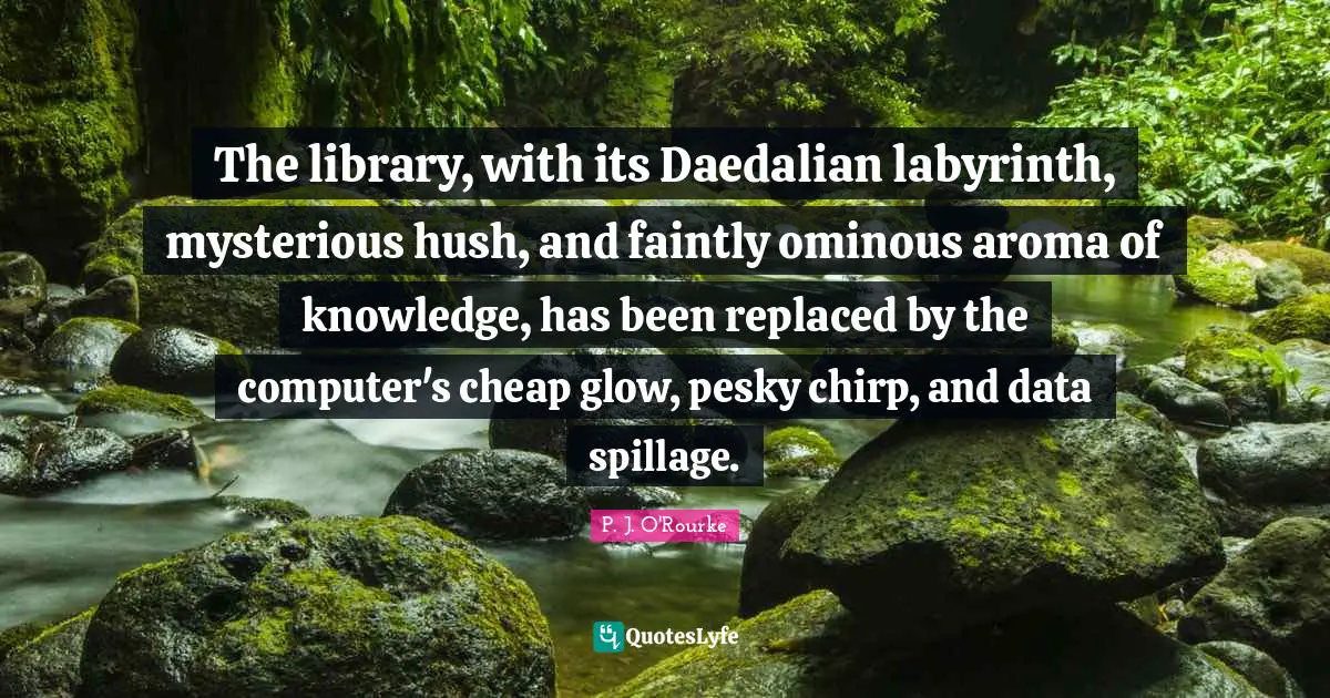The library, with its Daedalian labyrinth, mysterious hush, and faintly ominous aroma of knowledge, has been replaced by the computer's cheap glow, pesky chirp, and data spillage.