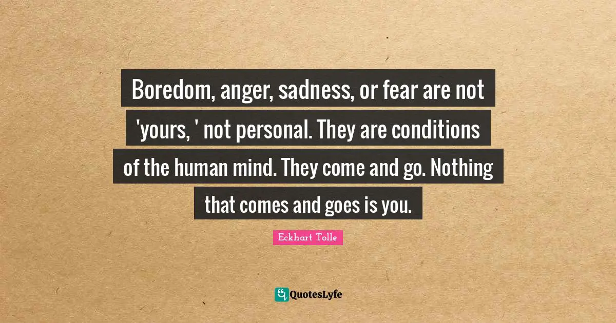 Boredom, anger, sadness, or fear are not 'yours, ' not personal. They are conditions of the human mind. They come and go. Nothing that comes and goes is you.
