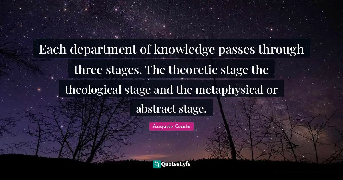 Each department of knowledge passes through three stages. The theoretic stage the theological stage and the metaphysical or abstract stage.