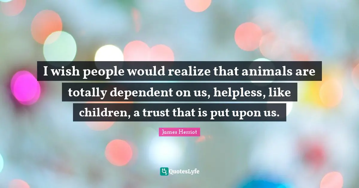 I wish people would realize that animals are totally dependent on us, helpless, like children, a trust that is put upon us.