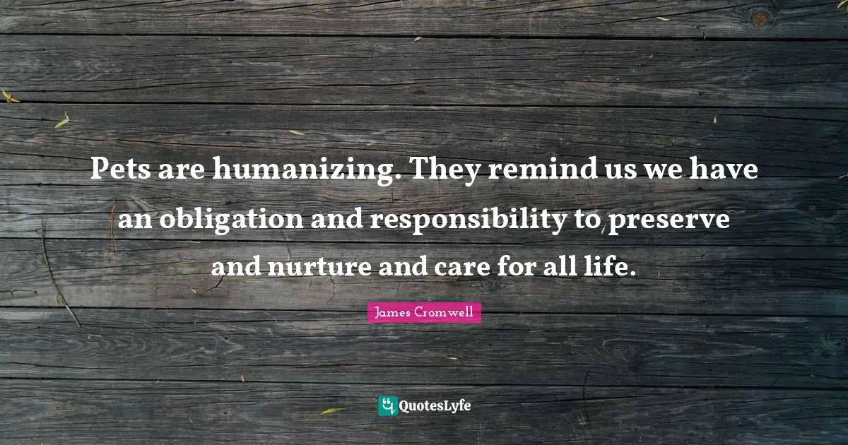 Pets are humanizing. They remind us we have an obligation and responsibility to preserve and nurture and care for all life.