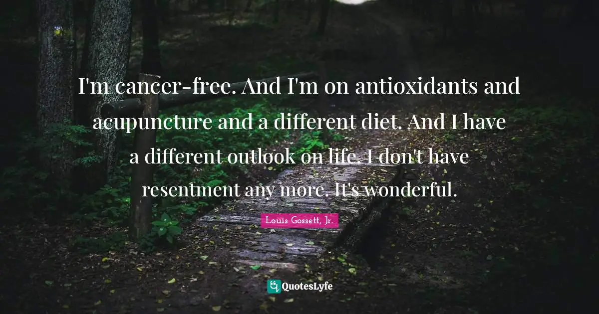 I'm cancer-free. And I'm on antioxidants and acupuncture and a different diet. And I have a different outlook on life. I don't have resentment any more. It's wonderful.