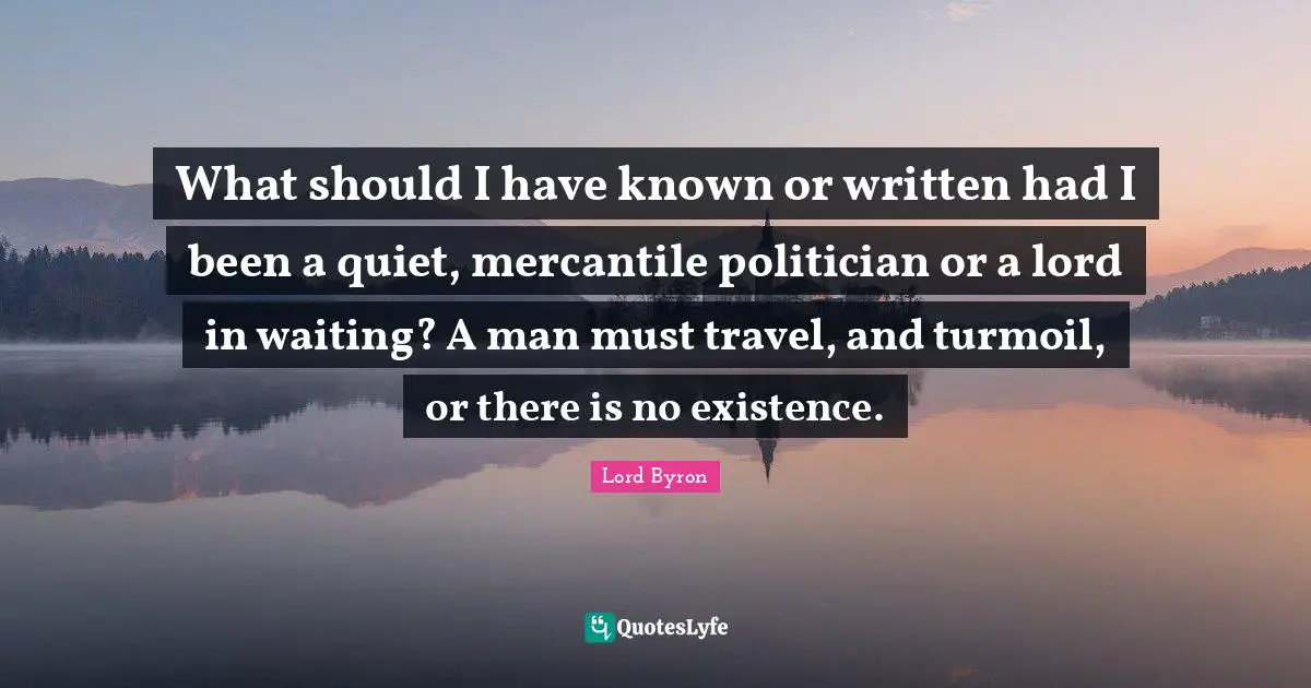 What should I have known or written had I been a quiet, mercantile politician or a lord in waiting? A man must travel, and turmoil, or there is no existence.