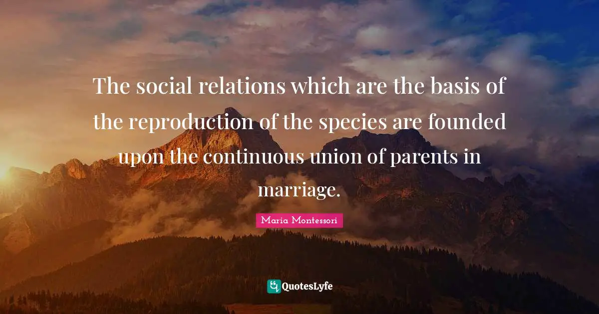 Maria Montessori Quotes: The social relations which are the basis of the reproduction of the species are founded upon the continuous union of parents in marriage.
