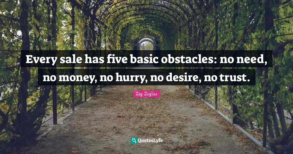 Every sale has five basic obstacles: no need, no money, no hurry, no desire, no trust.