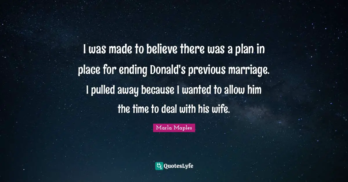 Marla Maples Quotes: "I was made to believe there was a plan in place for ending Donald's previous marriage. I pulled away because I wanted to allow him the time to deal with his wife."