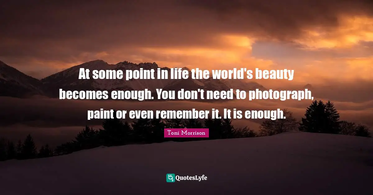 At some point in life the world's beauty becomes enough. You don't need to photograph, paint or even remember it. It is enough.