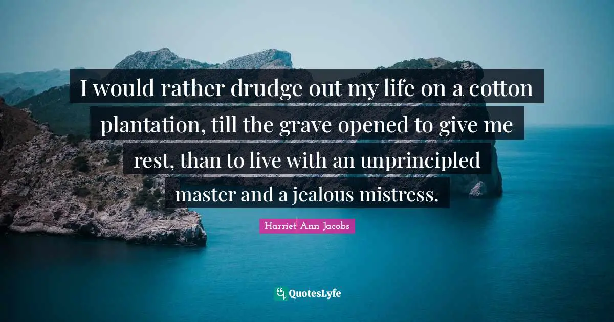 I would rather drudge out my life on a cotton plantation, till the grave opened to give me rest, than to live with an unprincipled master and a jealous mistress.
