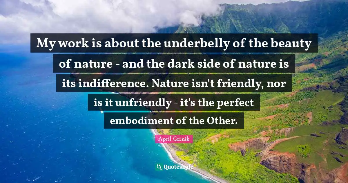 My work is about the underbelly of the beauty of nature - and the dark side of nature is its indifference. Nature isn't friendly, nor is it unfriendly - it's the perfect embodiment of the Other.