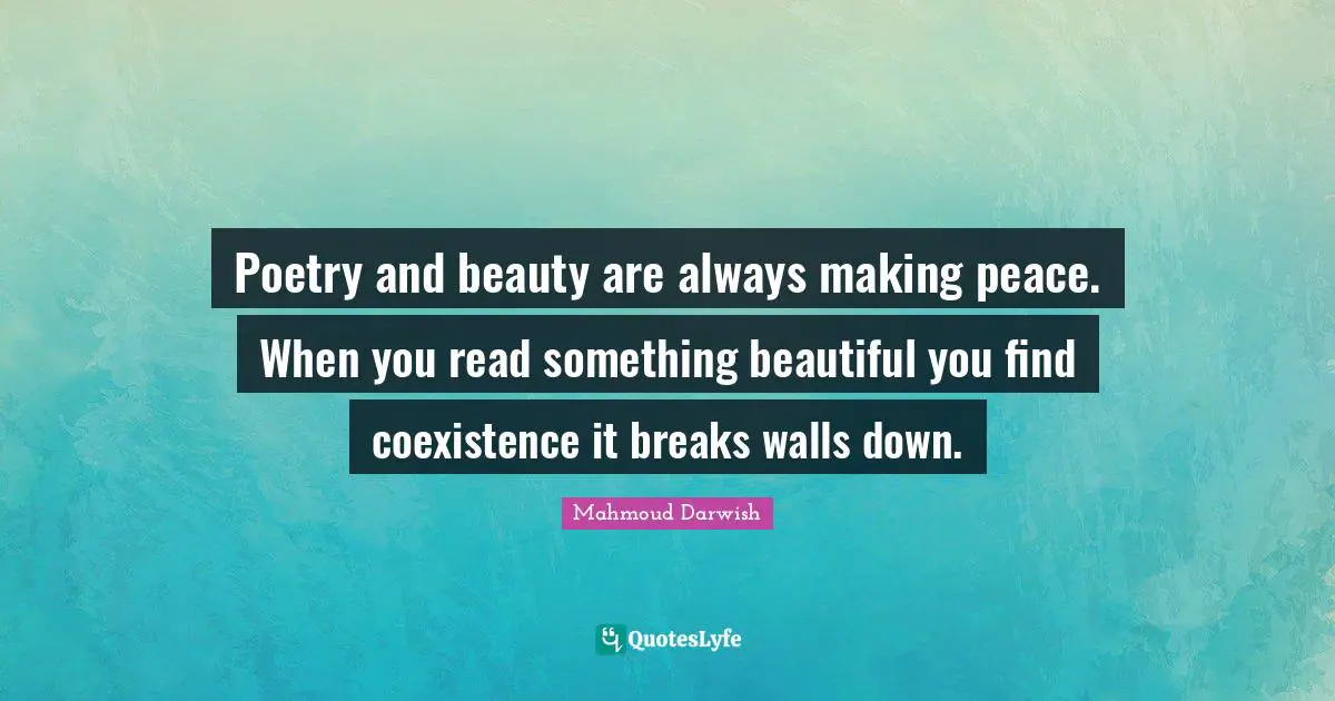 Poetry and beauty are always making peace. When you read something beautiful you find coexistence it breaks walls down.