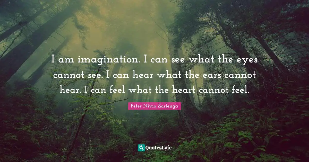 I am imagination. I can see what the eyes cannot see. I can hear what the ears cannot hear. I can feel what the heart cannot feel.