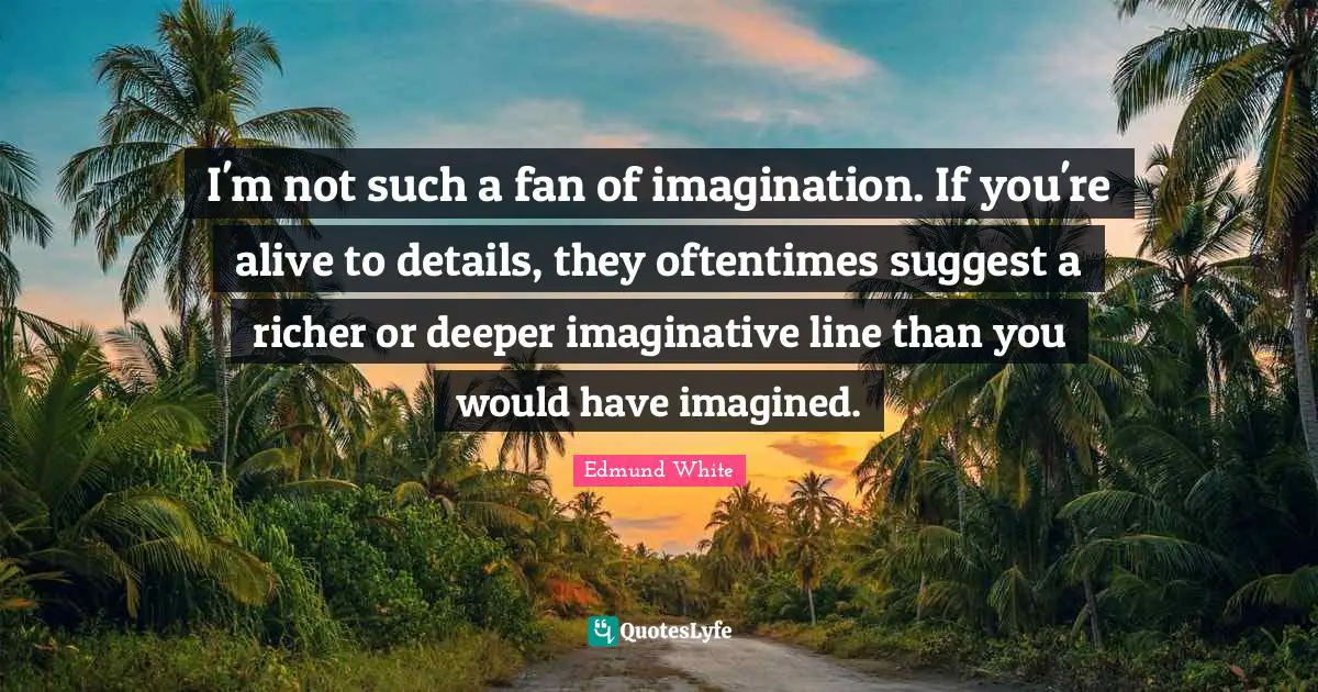 Edmund White Quotes: "I'm not such a fan of imagination. If you're alive to details, they oftentimes suggest a richer or deeper imaginative line than you would have imagined."