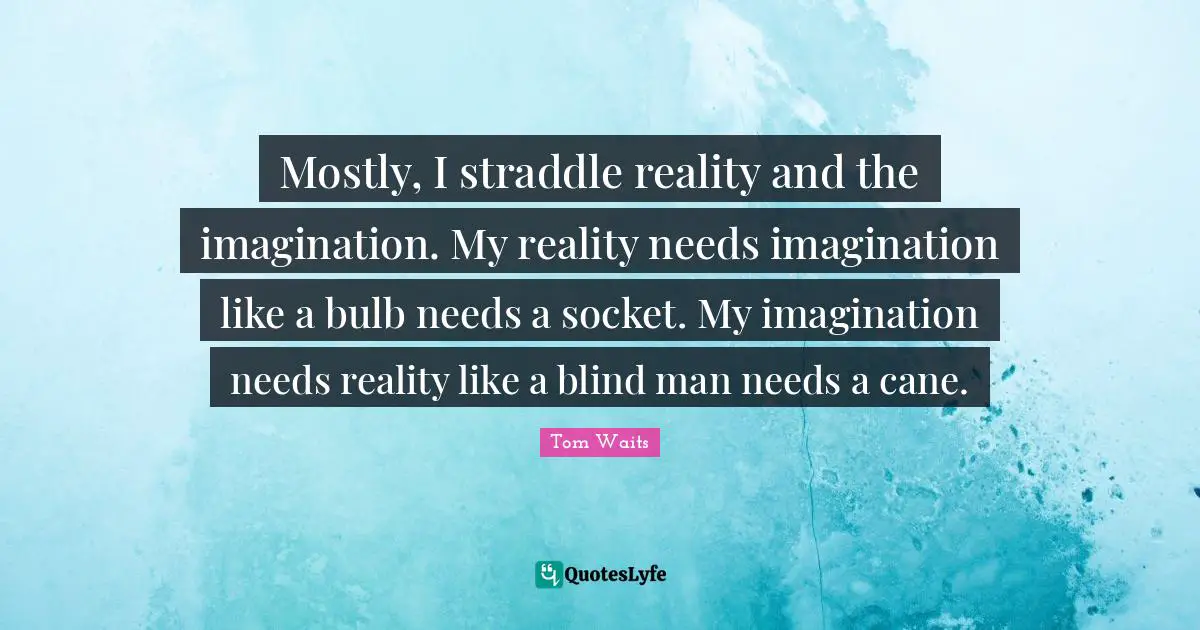 Mostly, I straddle reality and the imagination. My reality needs imagination like a bulb needs a socket. My imagination needs reality like a blind man needs a cane.