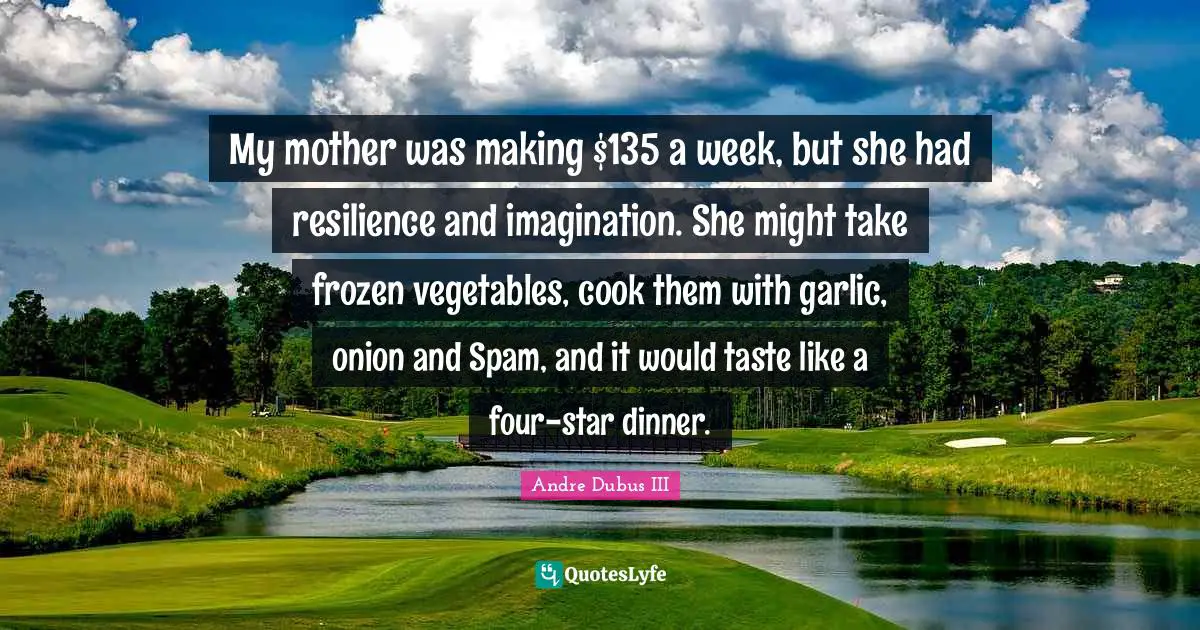 My mother was making $135 a week, but she had resilience and imagination. She might take frozen vegetables, cook them with garlic, onion and Spam, and it would taste like a four-star dinner.