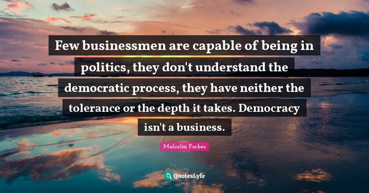 Few businessmen are capable of being in politics, they don't understand the democratic process, they have neither the tolerance or the depth it takes. Democracy isn't a business.