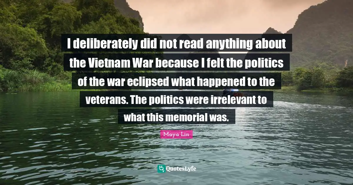 I deliberately did not read anything about the Vietnam War because I felt the politics of the war eclipsed what happened to the veterans. The politics were irrelevant to what this memorial was.