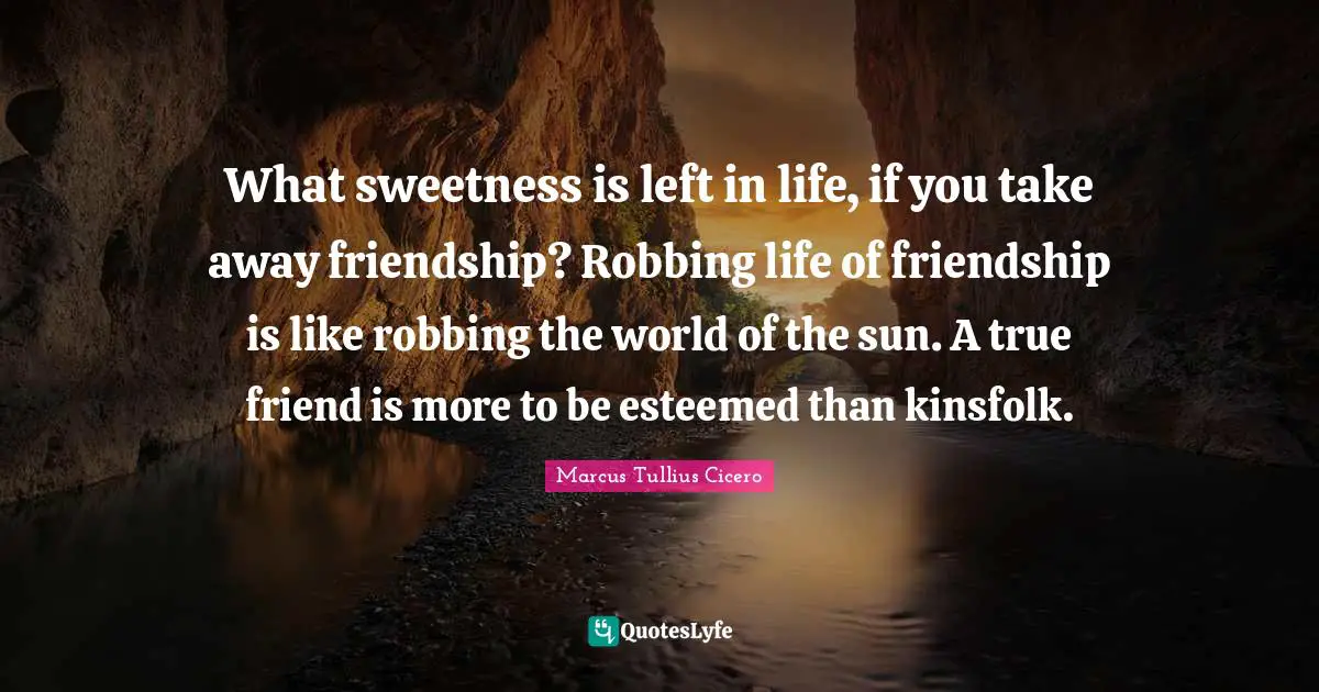 What sweetness is left in life, if you take away friendship? Robbing life of friendship is like robbing the world of the sun. A true friend is more to be esteemed than kinsfolk.