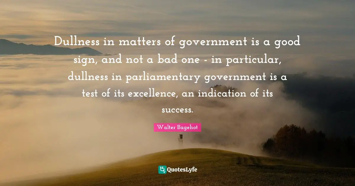 Walter Bagehot Quotes: "Dullness in matters of government is a good sign, and not a bad one - in particular, dullness in parliamentary government is a test of its excellence, an indication of its success."