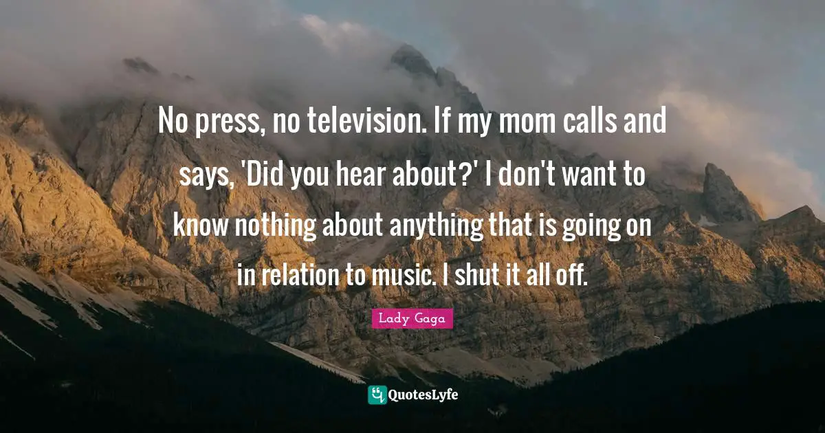 No press, no television. If my mom calls and says, 'Did you hear about?' I don't want to know nothing about anything that is going on in relation to music. I shut it all off.