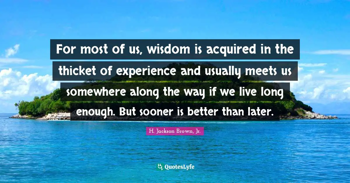 H. Jackson Brown, Jr. Quotes: For most of us, wisdom is acquired in the thicket of experience and usually meets us somewhere along the way if we live long enough. But sooner is better than later.